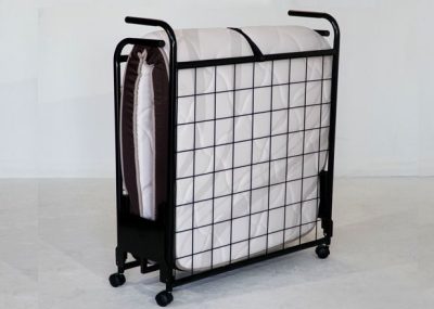 Luna folding bed South Africa folded on wheels for easy storage