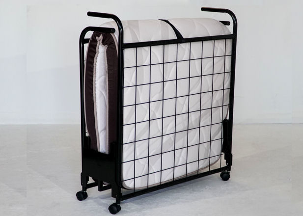 Luna Folding Bed 1 Luna folding bed South Africa folded on wheels for easy storage