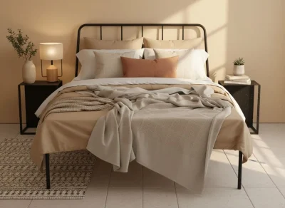 All Products 21 Single Brooke steel bed in a sunlit green bedroom with botanical décor.