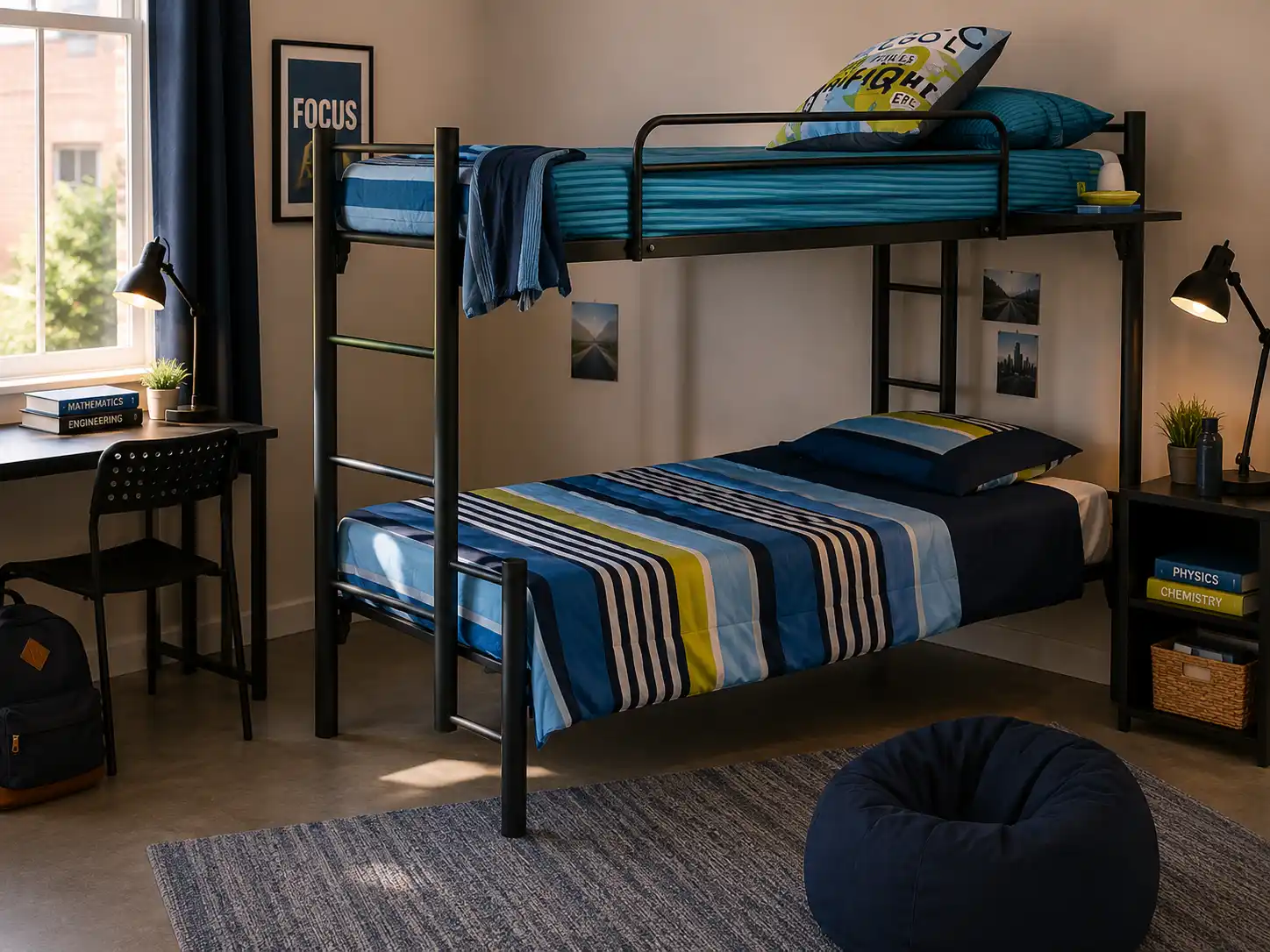 Black metal bunk bed with blue bedding in a bedroom setting