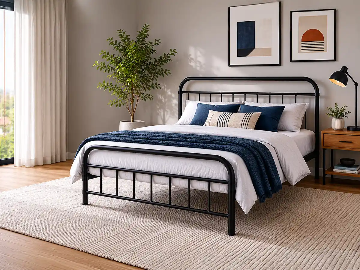 Durable black steel bed frame styled with bedding