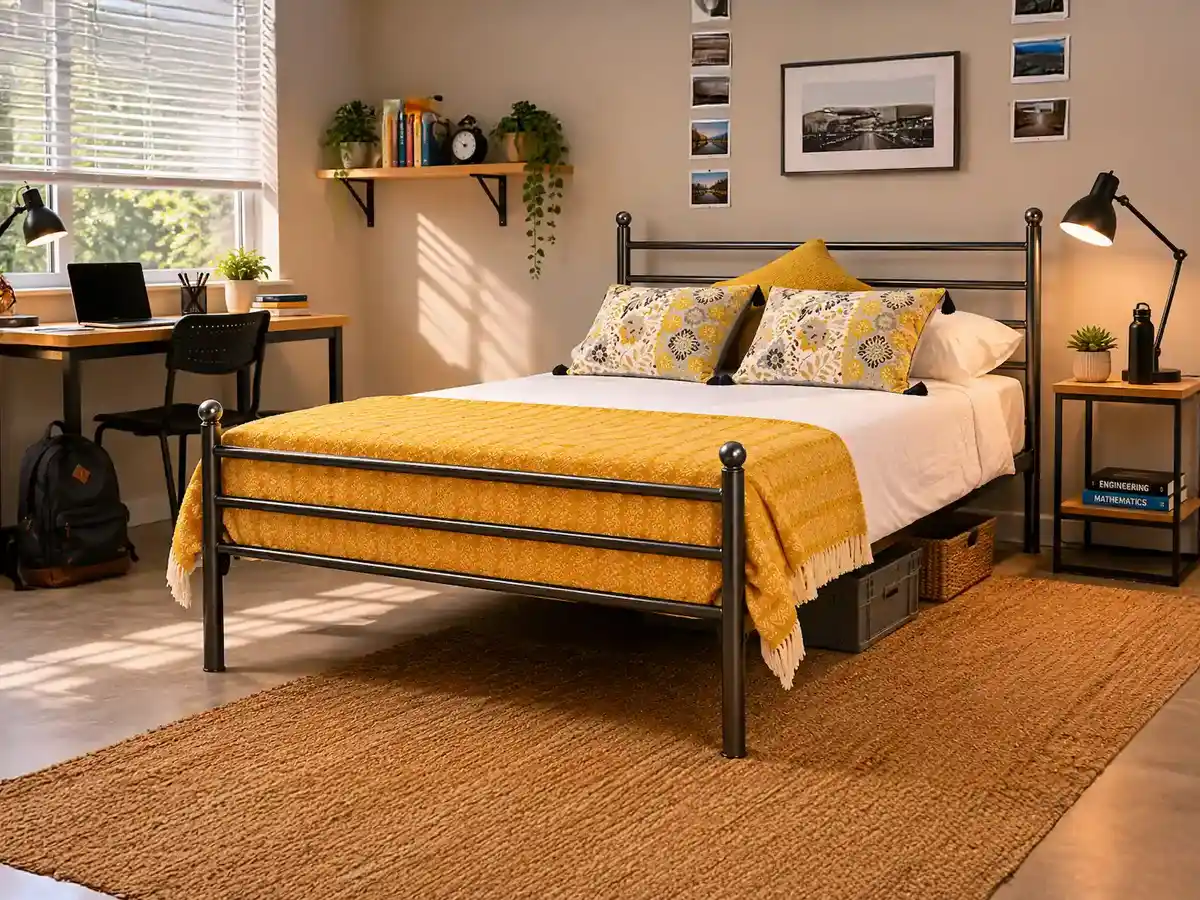 Metal bed frame in a bedroom setting
