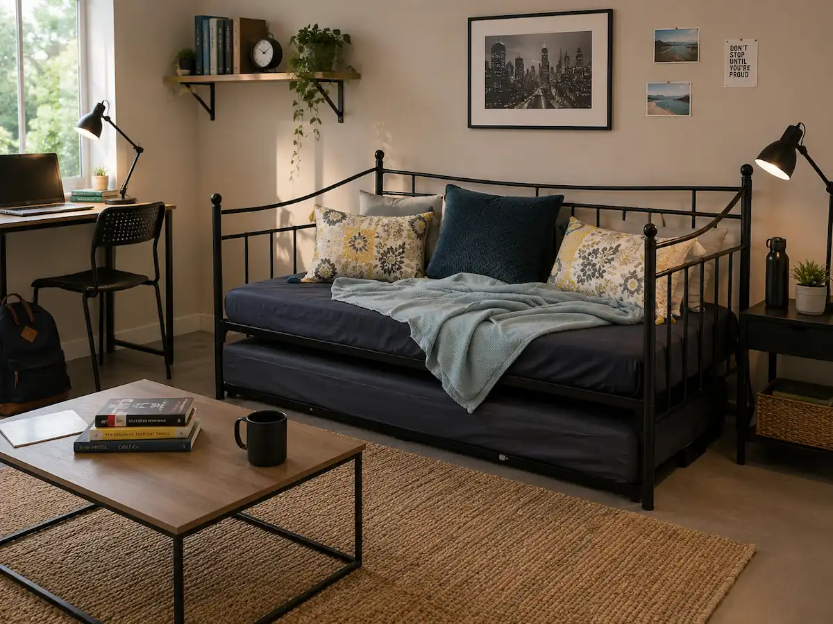 Black metal day bed styled as a lounge bed