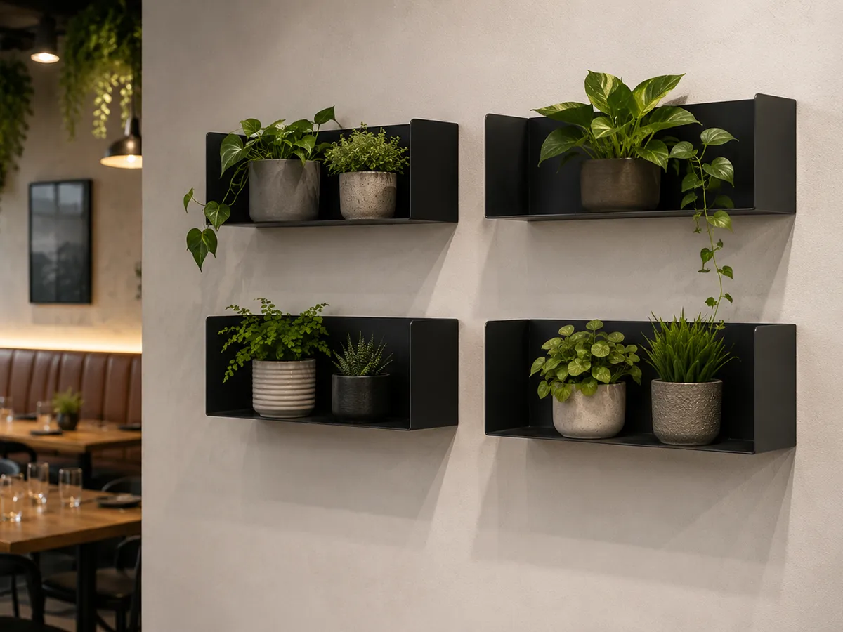 Minimal black floating shelf mounted on grey wall
