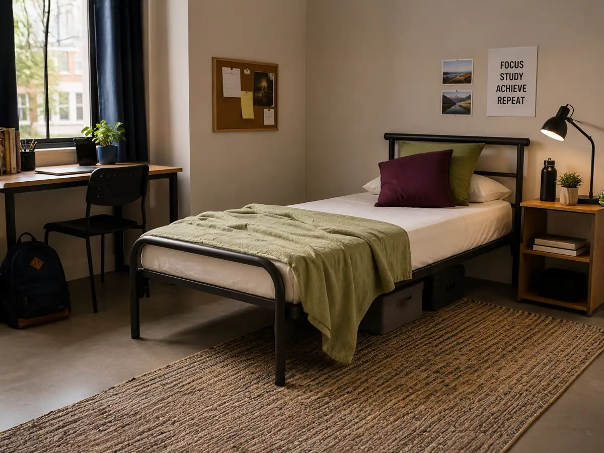 Single metal bed frame with bedding and decorative pillow