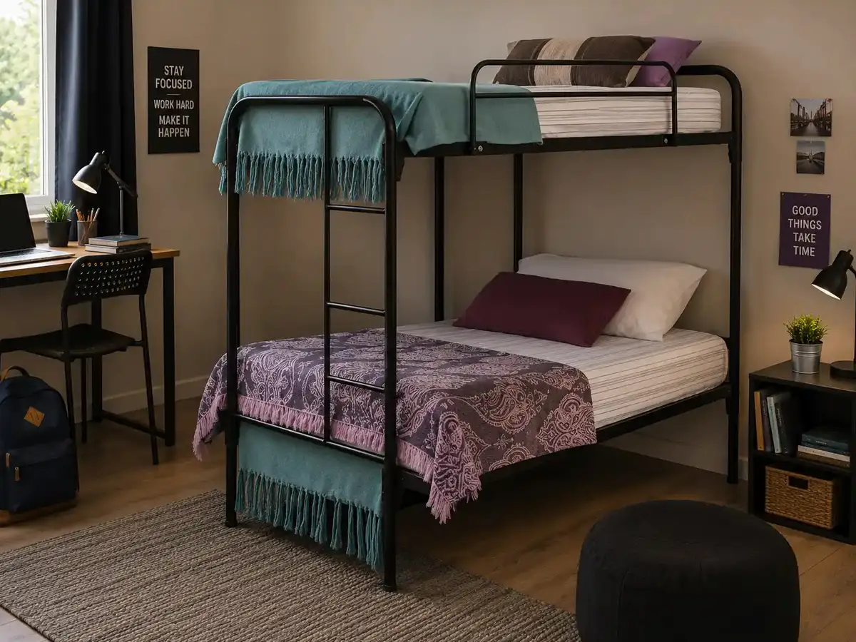 Durable black steel bed frame styled with bedding