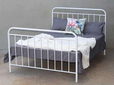 Fenix spindle steel bed double in White Ferrograin – angled view, South Africa